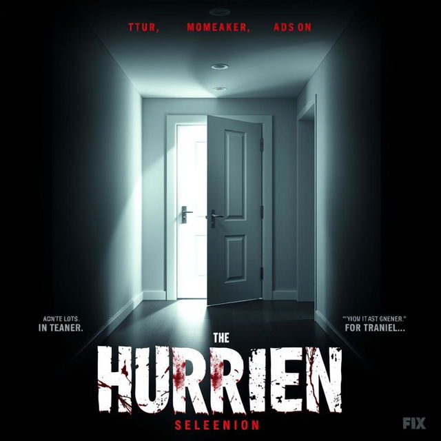 A cinematic movie poster featuring a mysterious hallway in a modern house, with a prominently displayed white door that suggests horror and suspense