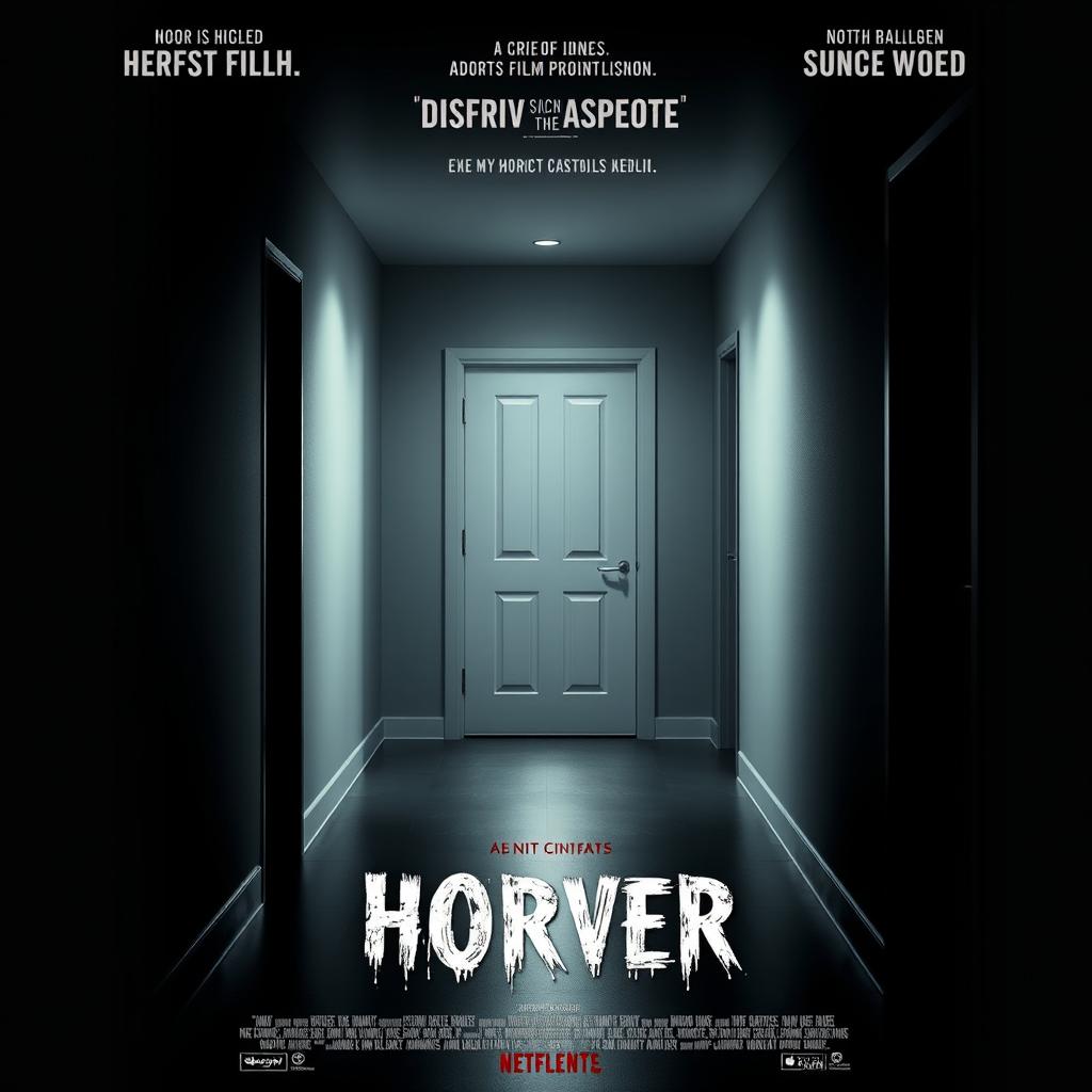 A cinematic movie poster featuring a mysterious hallway in a modern house, with a prominently displayed white door that suggests horror and suspense