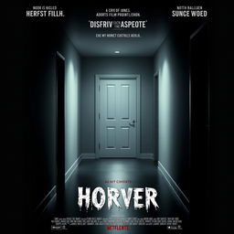 A cinematic movie poster featuring a mysterious hallway in a modern house, with a prominently displayed white door that suggests horror and suspense