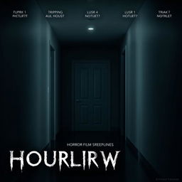 A cinematic movie poster featuring a mysterious hallway in a modern house, with a prominently displayed white door that suggests horror and suspense