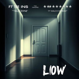 A cinematic movie poster featuring a mysterious hallway in a modern house, with a prominently displayed white door that suggests horror and suspense