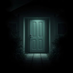 A cinematic poster for a horror movie featuring a mysterious, plain white door with no details, set against the backdrop of a modern house