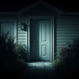 A cinematic poster for a horror movie featuring a mysterious, plain white door with no details, set against the backdrop of a modern house