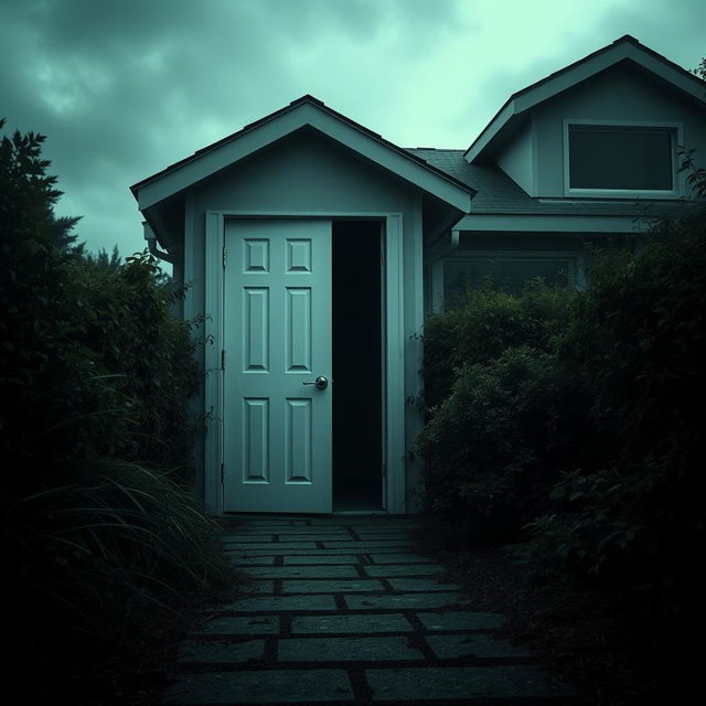 A cinematic poster for a horror movie featuring a mysterious, plain white door with no details, set against the backdrop of a modern house