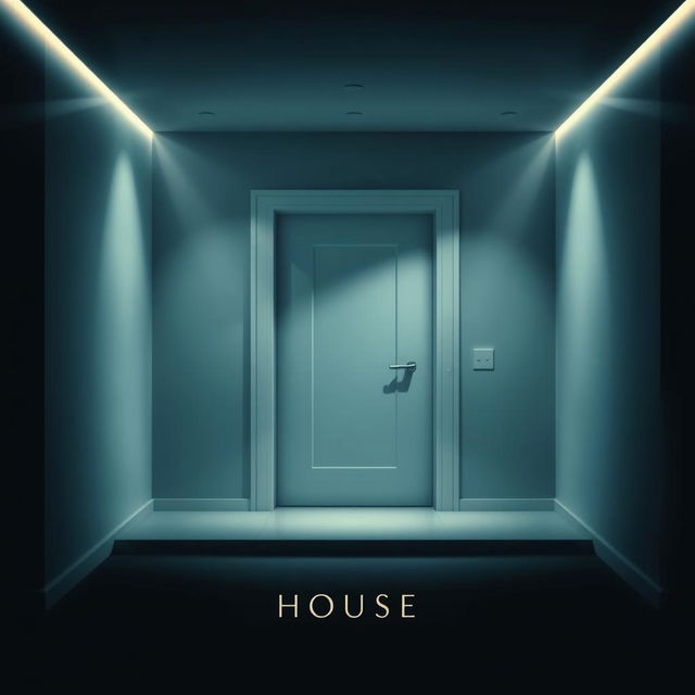 A cinematic poster for a horror film featuring a simple white door leading into a mysterious room in a modern house