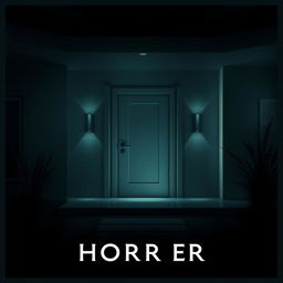 A cinematic poster for a horror film featuring a simple white door leading into a mysterious room in a modern house