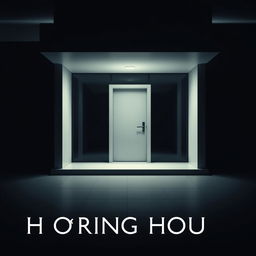 A cinematic poster for a horror film featuring a simple white door leading into a mysterious room in a modern house