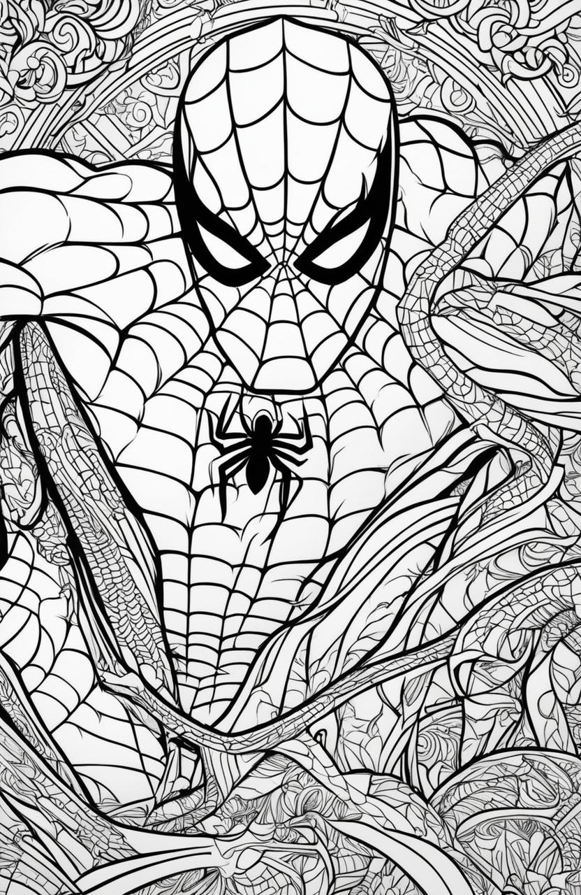 An intricate Spider-Man coloring book page designed for adults.