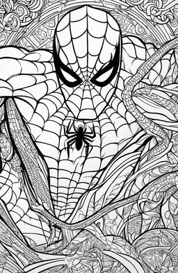 An intricate Spider-Man coloring book page designed for adults.