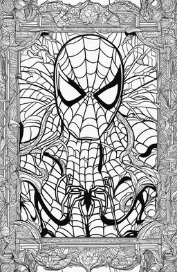 An intricate Spider-Man coloring book page designed for adults.