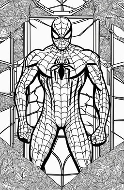 An intricate Spider-Man coloring book page designed for adults.