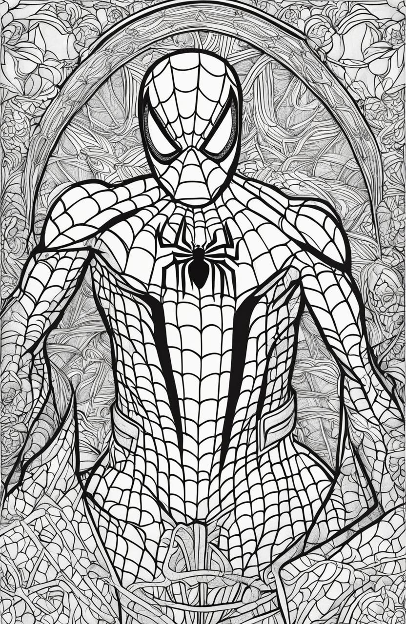 An intricate Spider-Man coloring book page designed for adults.