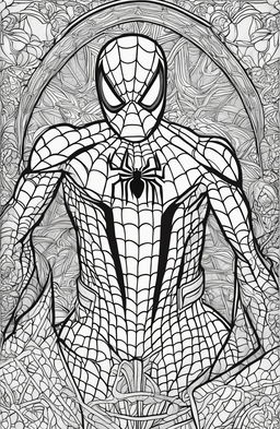 An intricate Spider-Man coloring book page designed for adults.