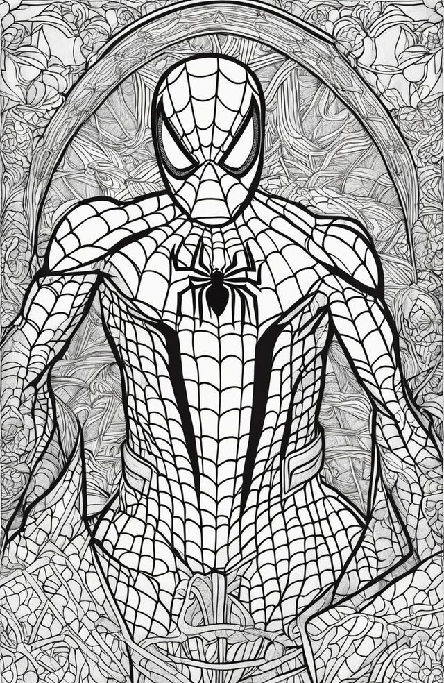 An intricate Spider-Man coloring book page designed for adults.