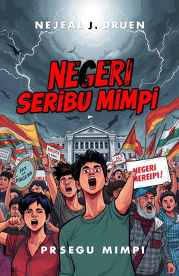 A striking and dynamic cover design for a novel titled 'Negeri Seribu Mimpi'
