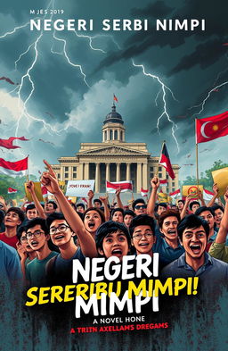 A striking and dynamic cover design for a novel titled 'Negeri Seribu Mimpi'