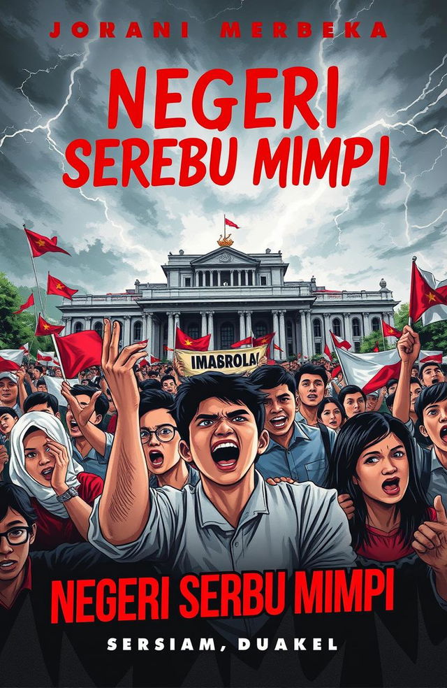 A striking and dynamic cover design for a novel titled 'Negeri Seribu Mimpi'