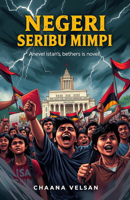 A striking and dynamic cover design for a novel titled 'Negeri Seribu Mimpi'