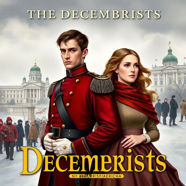 A historical book cover illustrating the Decembrists in the Russian Empire, featuring the main characters portrayed by Pierre Niney and Anna Chipovskaya