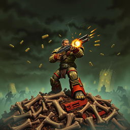 An intense scene of Doomguy standing on a hill made of bones, dramatically posed as he opens fire with his iconic weapon