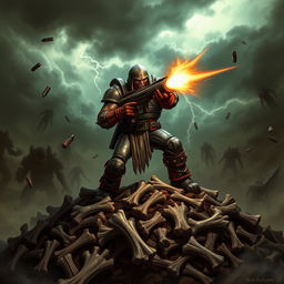 An intense scene of Doomguy standing on a hill made of bones, dramatically posed as he opens fire with his iconic weapon