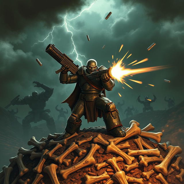 An intense scene of Doomguy standing on a hill made of bones, dramatically posed as he opens fire with his iconic weapon