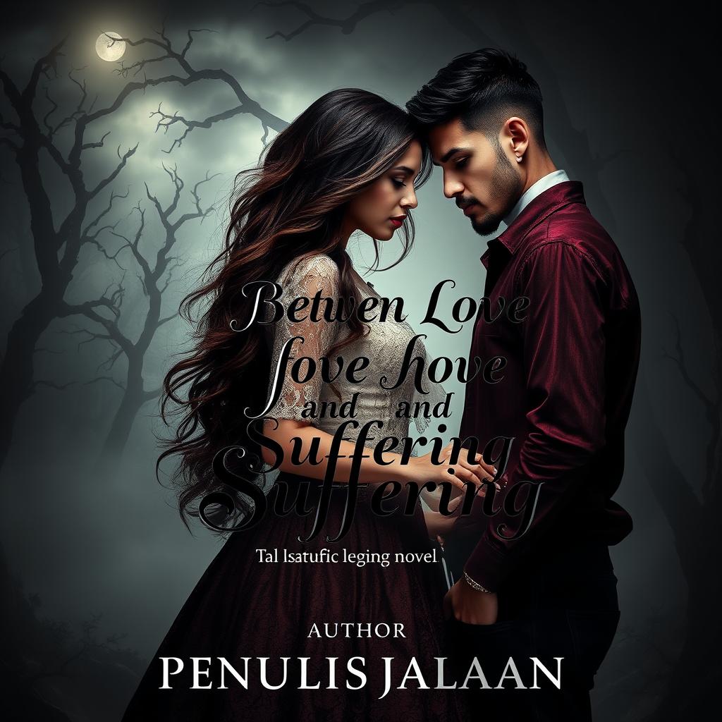 A captivating book cover for a romantic novel titled 'Between Love and Suffering' by 'PenulisJalanan'