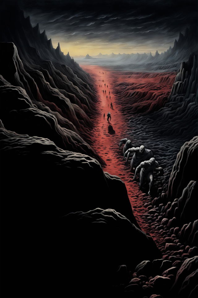 Detailed illustration of Dante's Inferno's fourth terrace (realm of sloth) featuring desolate landscape, spectral figures in eternal march, and vast horizon