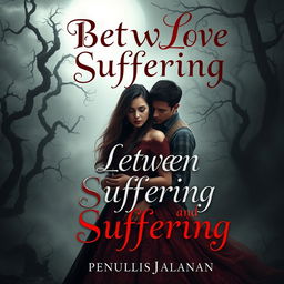 A captivating book cover for a romantic novel titled 'Between Love and Suffering' by 'PenulisJalanan'