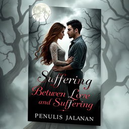 A captivating book cover for a romantic novel titled 'Between Love and Suffering' by 'PenulisJalanan'
