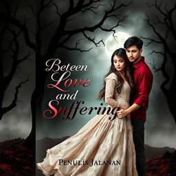 A captivating book cover for a romantic novel titled 'Between Love and Suffering' by 'PenulisJalanan'