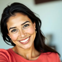 A beautiful Colombian woman, 45 years old, with dark hair, wearing simple but stylish clothing, posing for a social media avatar