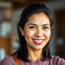 A beautiful Colombian woman, 45 years old, with dark hair, wearing simple but stylish clothing, posing for a social media avatar