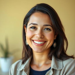 A beautiful Colombian woman, 45 years old, with dark hair, wearing simple but stylish clothing, posing for a social media avatar