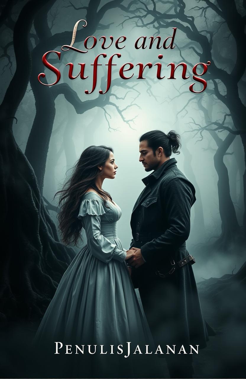 A captivating horror-themed book cover for the romantic novel titled "Love and Suffering" by "PenulisJalanan"