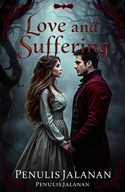 A captivating horror-themed book cover for the romantic novel titled "Love and Suffering" by "PenulisJalanan"