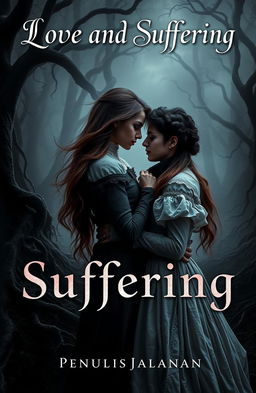 A captivating horror-themed book cover for the romantic novel titled "Love and Suffering" by "PenulisJalanan"