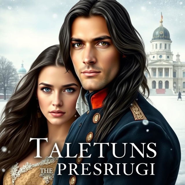 A historical book cover featuring a handsome French man with long dark hair and a chiseled face, characterized by dark eyes and a prominent nose, dressed in elegant early 19th-century French military attire