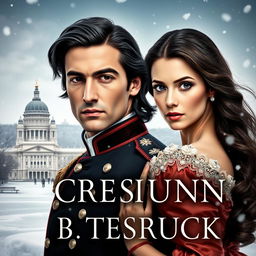 A historical book cover featuring a handsome French man with long dark hair and a chiseled face, characterized by dark eyes and a prominent nose, dressed in elegant early 19th-century French military attire