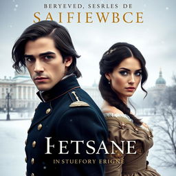 A historical book cover featuring a handsome French man with long dark hair and a chiseled face, characterized by dark eyes and a prominent nose, dressed in elegant early 19th-century French military attire