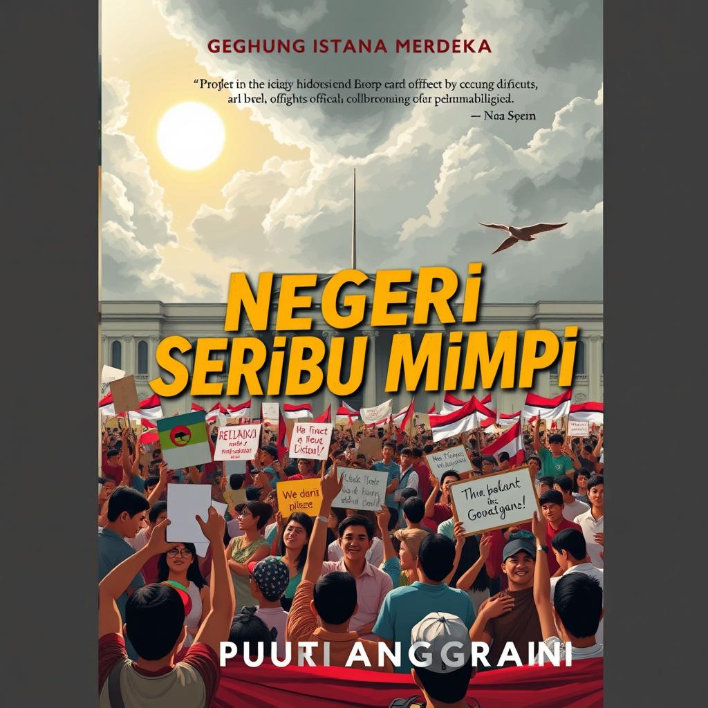 A striking book cover for the novel 'Negeri Seribu Mimpi' by Putri Anggraini, featuring a chaotic political scene with numerous demonstrations outside the iconic Gedung Istana Merdeka