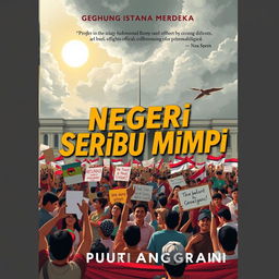 A striking book cover for the novel 'Negeri Seribu Mimpi' by Putri Anggraini, featuring a chaotic political scene with numerous demonstrations outside the iconic Gedung Istana Merdeka