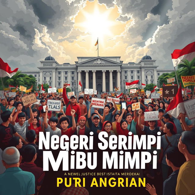 A striking book cover for the novel 'Negeri Seribu Mimpi' by Putri Anggraini, featuring a chaotic political scene with numerous demonstrations outside the iconic Gedung Istana Merdeka