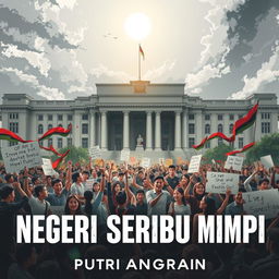 A striking book cover for the novel 'Negeri Seribu Mimpi' by Putri Anggraini, featuring a chaotic political scene with numerous demonstrations outside the iconic Gedung Istana Merdeka