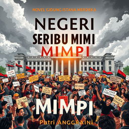 A striking book cover for the novel 'Negeri Seribu Mimpi' by Putri Anggraini, featuring a chaotic political scene with numerous demonstrations outside the iconic Gedung Istana Merdeka