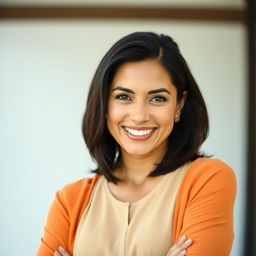 A beautiful Colombian woman, 45 years old, with dark hair, dressed in simple yet elegant clothing, posed for a social media avatar