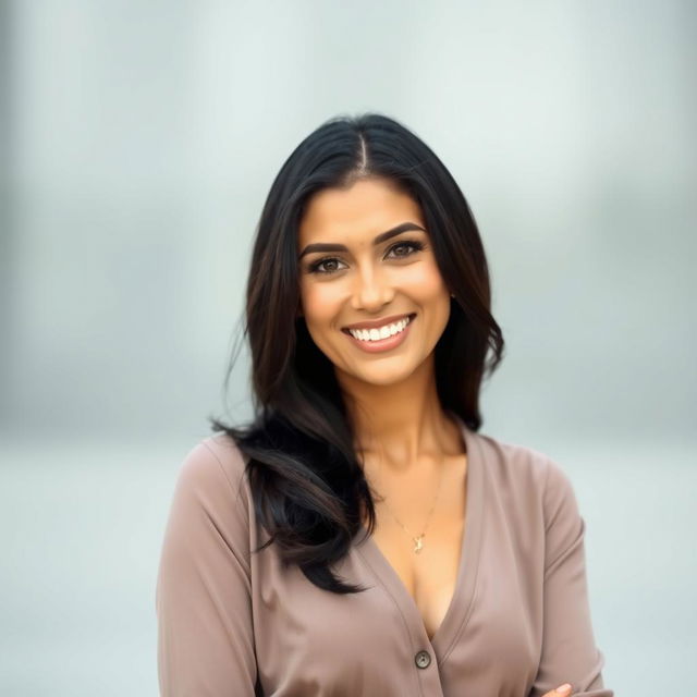 A beautiful Colombian woman, 45 years old, with dark hair, dressed in simple yet elegant clothing, posed for a social media avatar