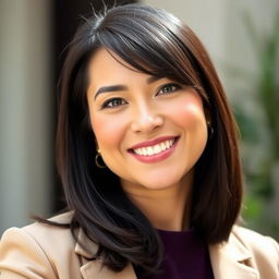 A beautiful Colombian woman, 45 years old, with dark hair, dressed in simple yet elegant clothing, posed for a social media avatar