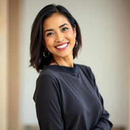 A beautiful Colombian woman, 45 years old, with dark hair, dressed in simple yet stylish clothing, standing in a full-body pose for a social media avatar