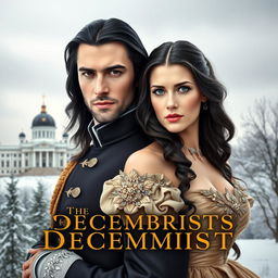 A historical book cover featuring a handsome man and a beautiful woman set in the context of the Decembrists in the Russian Empire